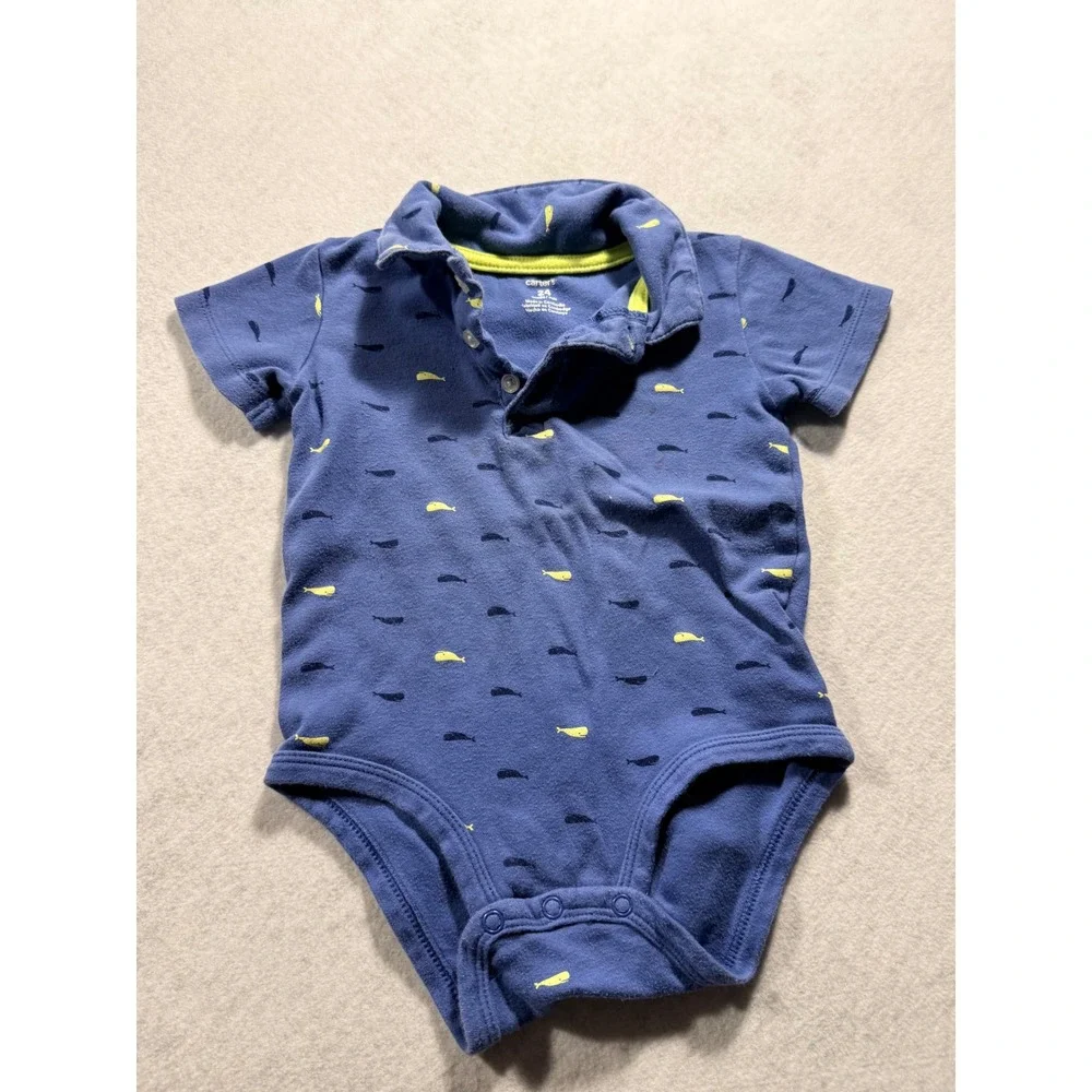 Carters Baby Boys Blue Whale Print Polo Bodysuit Short Sleeve 24 Months